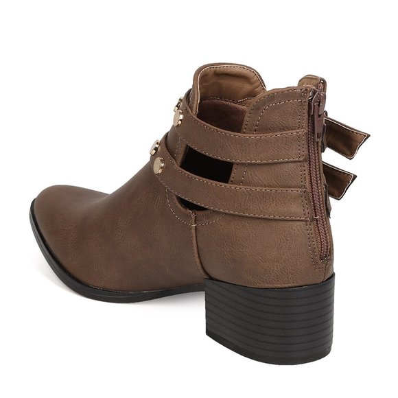 Pointy Toe Gold Round Studded Buckled Cutout Block Heel Ankle Booties - Picture 6 of 6